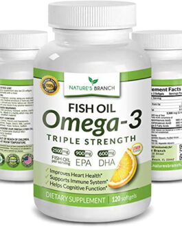 Best Triple Strength Omega 3 Fish Oil Pills 2500mg Burpless High Potency Lemon Flavor – 900mg EPA 600mg DHA Ultra Pure Liquid Softgels 120 Capsules for Brain Joints Eyes Hair Heart Health Supplement
